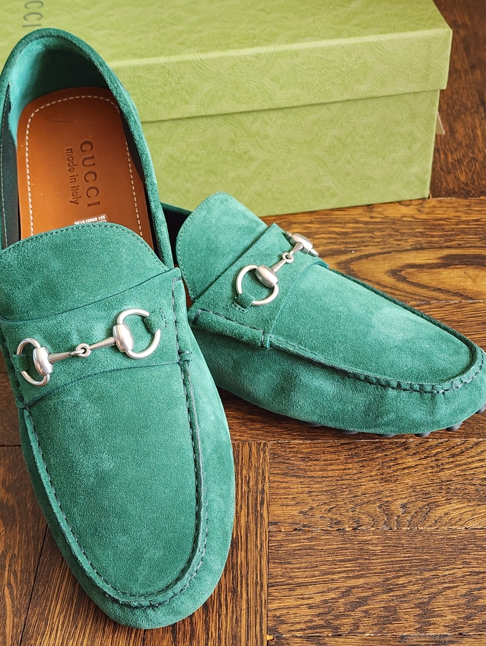 $950 Brand New Gucci GG Men's Vintage Green Suede Driver Loafers G 12 US 12.5 - Picture 3 of 10